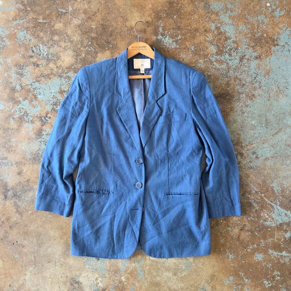 Vintage 90s Express Women's Blazer Size M Blue Linen Blend Oversized Menswear - Picture 1 of 9